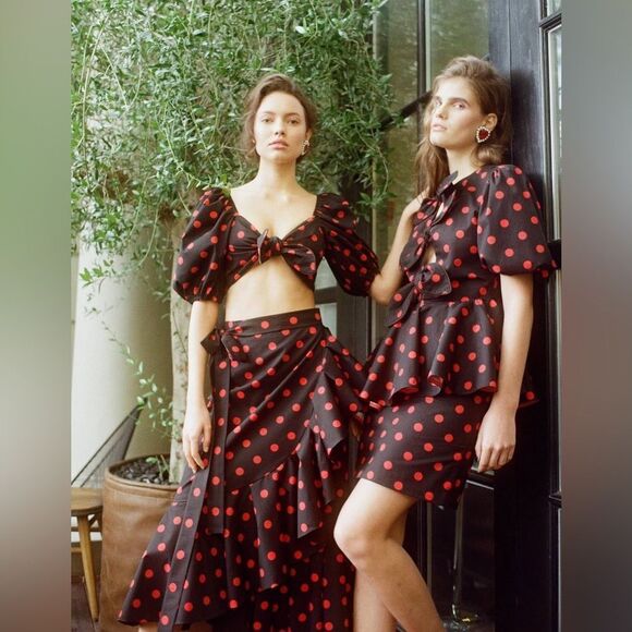 Marianna Senchina Two-Piece Black Polka Dot Bow Top Ruffled Midi Skirt Size M - Picture 4 of 15